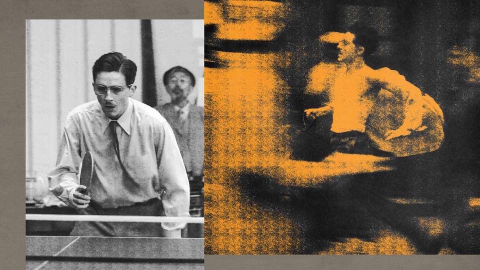 Two photos of Timothée Chalamet as Marty Mauser; on the left, he's playing ping pong in a white shirt and a tie, on the left he is running