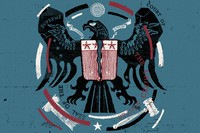 A drawing of a bald eagle decorated with references to the United States justice system breaks apart.