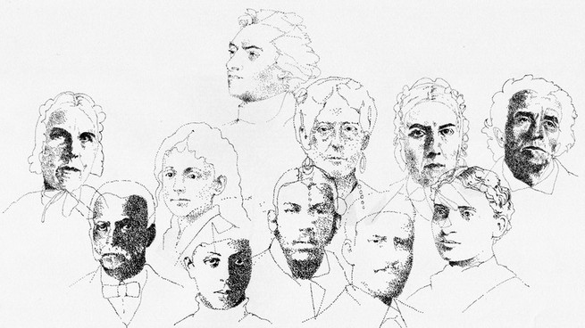 Illustration with overlapping sketches of the generations of the Grimke family