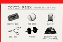 A "COVID risk" chart with photos of items representing various activities—a baseball, a beer, etc.