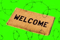 Illustration showing doormat that reads "Welcome" surrounded by barbed-wire drawings