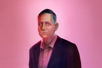 A painting of Peter Thiel on a pink background wearing a suit and a golf shirt
