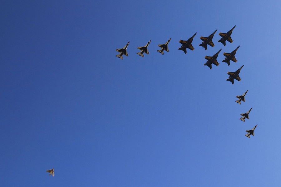A tiny bird appears in the sky as twelve jet planes fly in close formation above.
