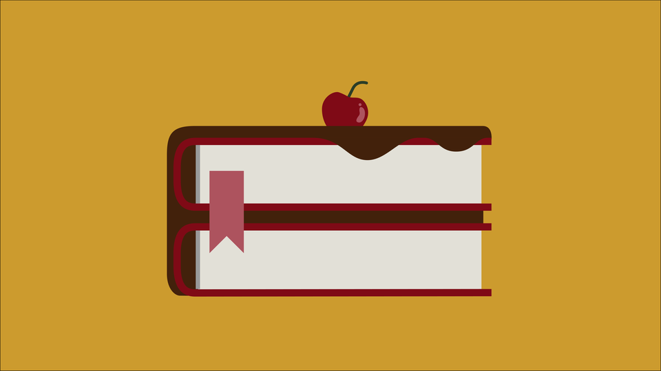 An illustration of a cake made up of two books