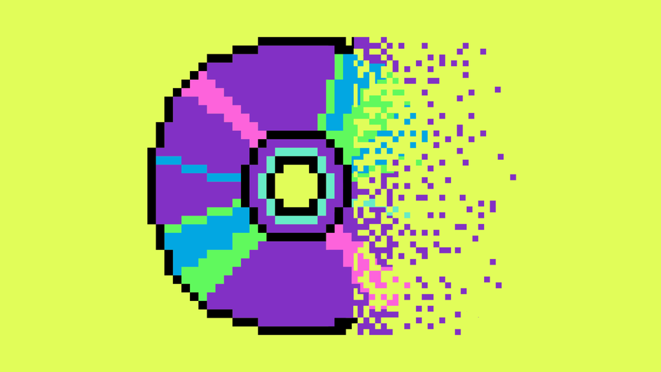 a CD rendered in pixel art, disintegrating