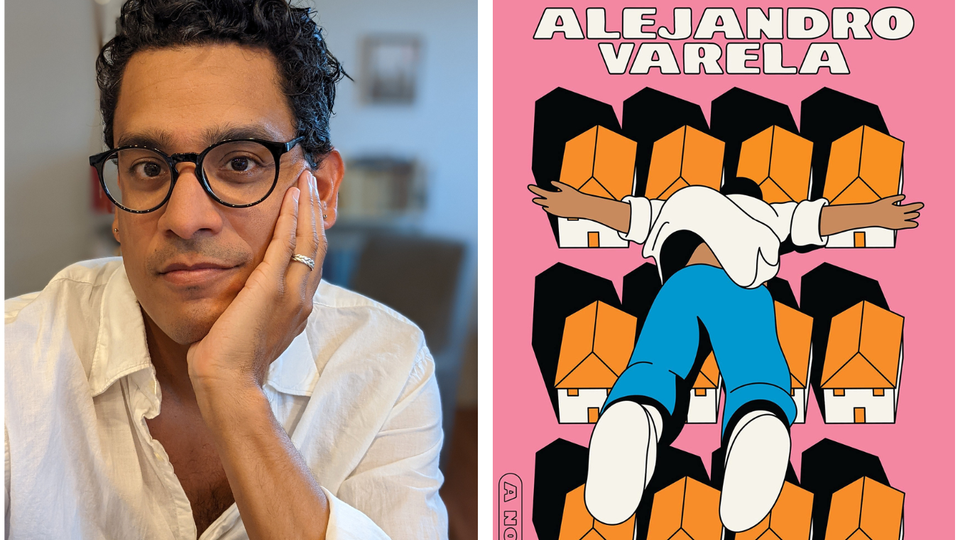split-image header featuring a photo of author Alejandro Varela on the left, and cover art of his novel The Town of Babylon o