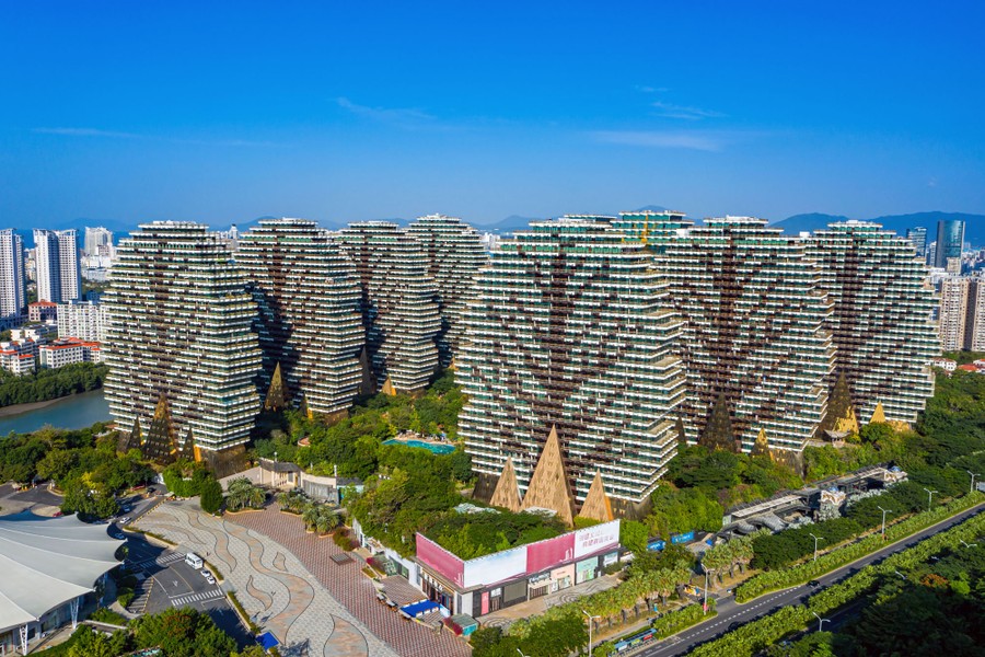 Nine multistory hotel buildings shaped like trees