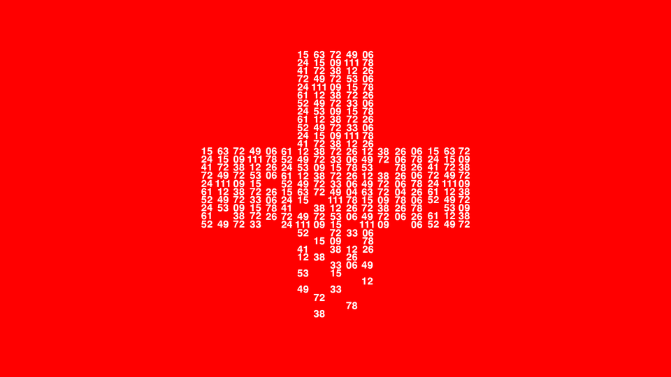 A cross made of white number in columns fades away against a red background