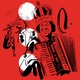 illustration with black-ink sketch of Mick Jagger singing into a mic on left and Clifton Chenier wearing crown and playing accordion on right, with 3 white circles on red background