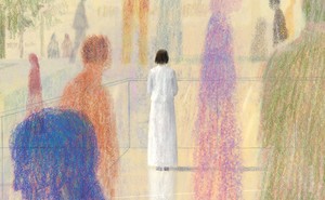 illustration of a woman dressed in white standing with her back turned among more colorful but less solid figures
