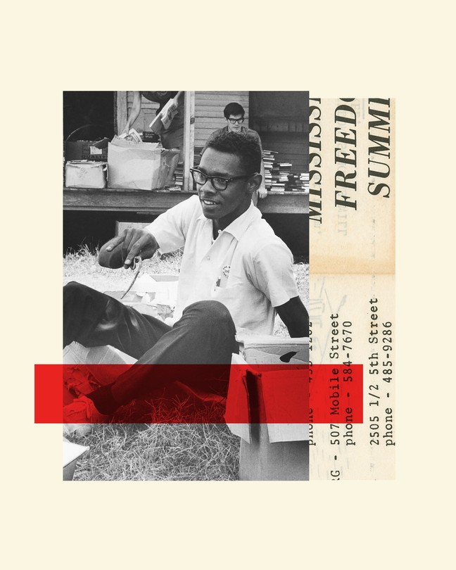 collage with 1960s photo of young Black male student receiving books