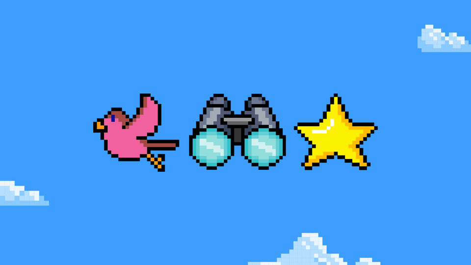 Illustration of a bird, binoculars, and a gold star