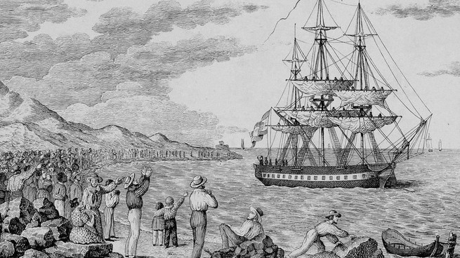 An illustration of Balmis's expedition arriving in the Americas.