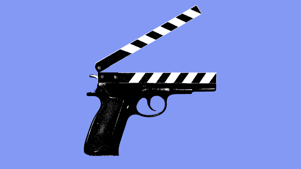An animated film slate attached to a gun; when the slate claps, a bullet flies out