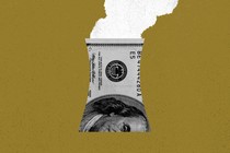 A $100 bill in the shape of a nuclear smokestack