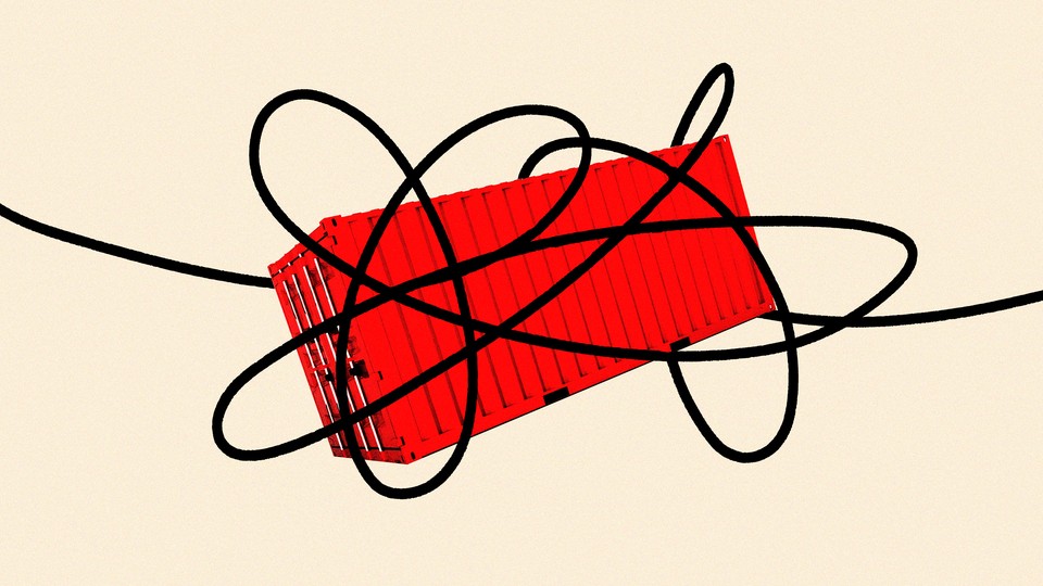 Illustration of a shipping container entangled in a web of knots