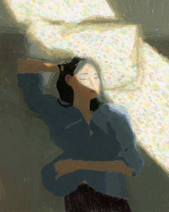 An illustration of a person lying in bed with rays of sunlight on the person's face