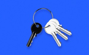 A photo illustration of four keys on a keychain, three white facing to the right and one black facing to the left, all on a blue background.