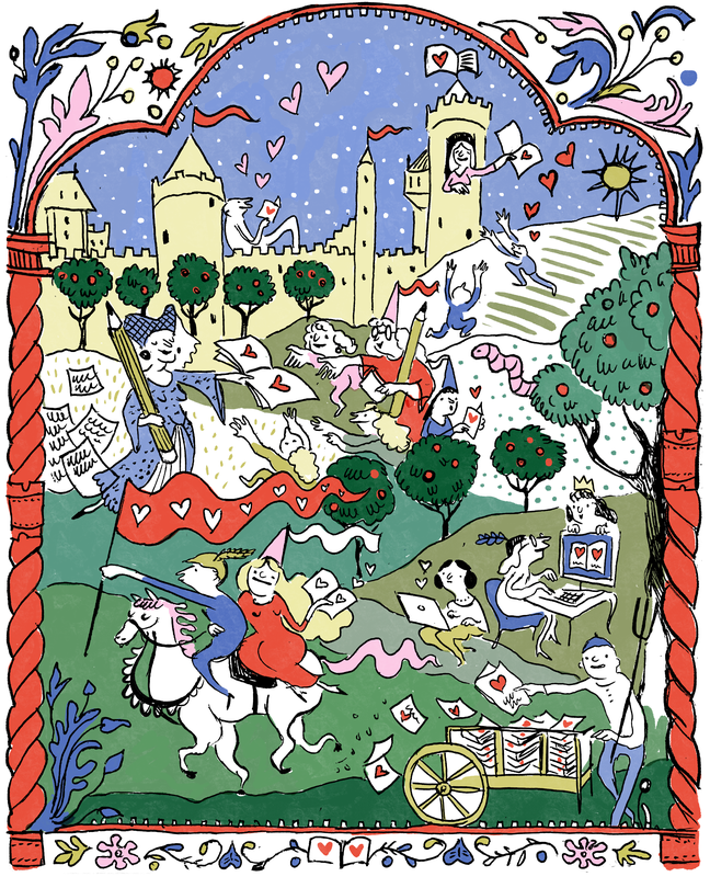An illustration of a medieval setting full of hearts: a "romancelandia."