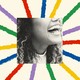A starburst of colorful stripes extends out from a black-and-white photo of a woman's smile.