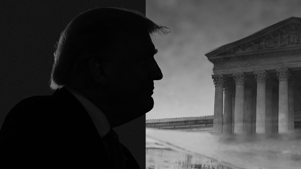 Black and white illustration of Trump in profile looming over the Supreme Court building.