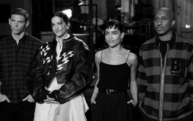 Mikey Day, musical guest Rosalía, host Zoë Kravitz, and Chris Redd stand next to one another during "SNL" promos on March 12, 2022