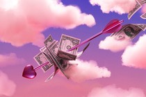 A pink and purple photo illustration of a cupid's arrow with dollar bills on it