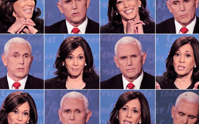 A series of Vice President Mike Pence's and Senator Kamala Harris's facial expressions during Wednesday night's debate
