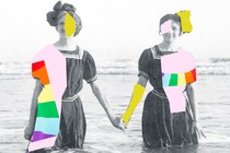 A black-and-white photo of two women holding hands while standing in the ocean is overlaid with colorful graphic shapes.