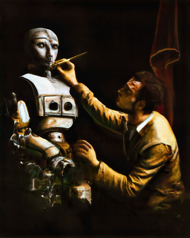 Illustration in an old painting style of a man building a robot
