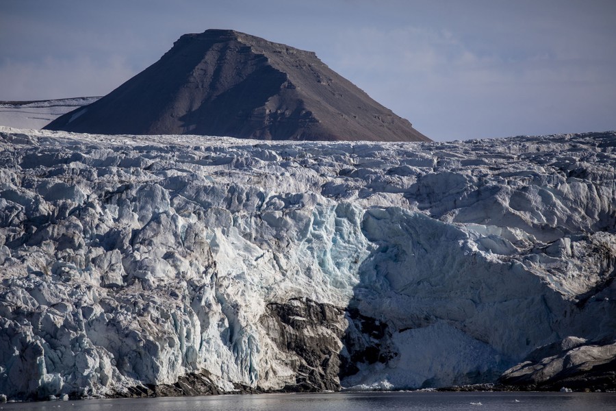 A view of the face of a calving glacier.