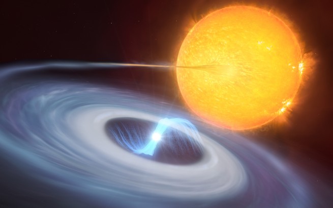 An artist’s impression of a white dwarf drawing material from its companion star, a process that can produce a micronova