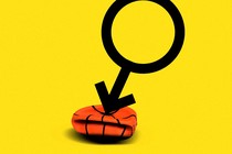 A graphic of the gender symbol for men point downward, its arrow deflating a basketball