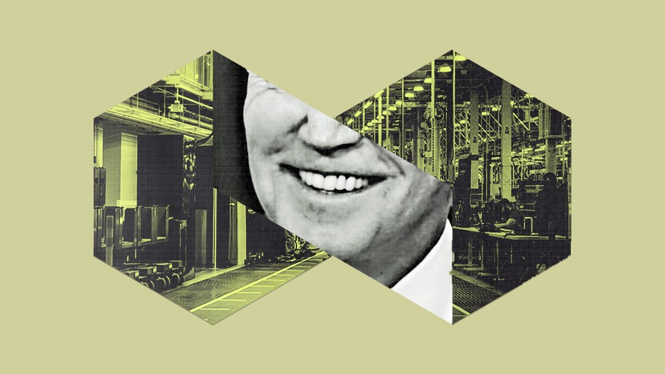 An illustration showing Joe Biden smiling against an industrial backdrop