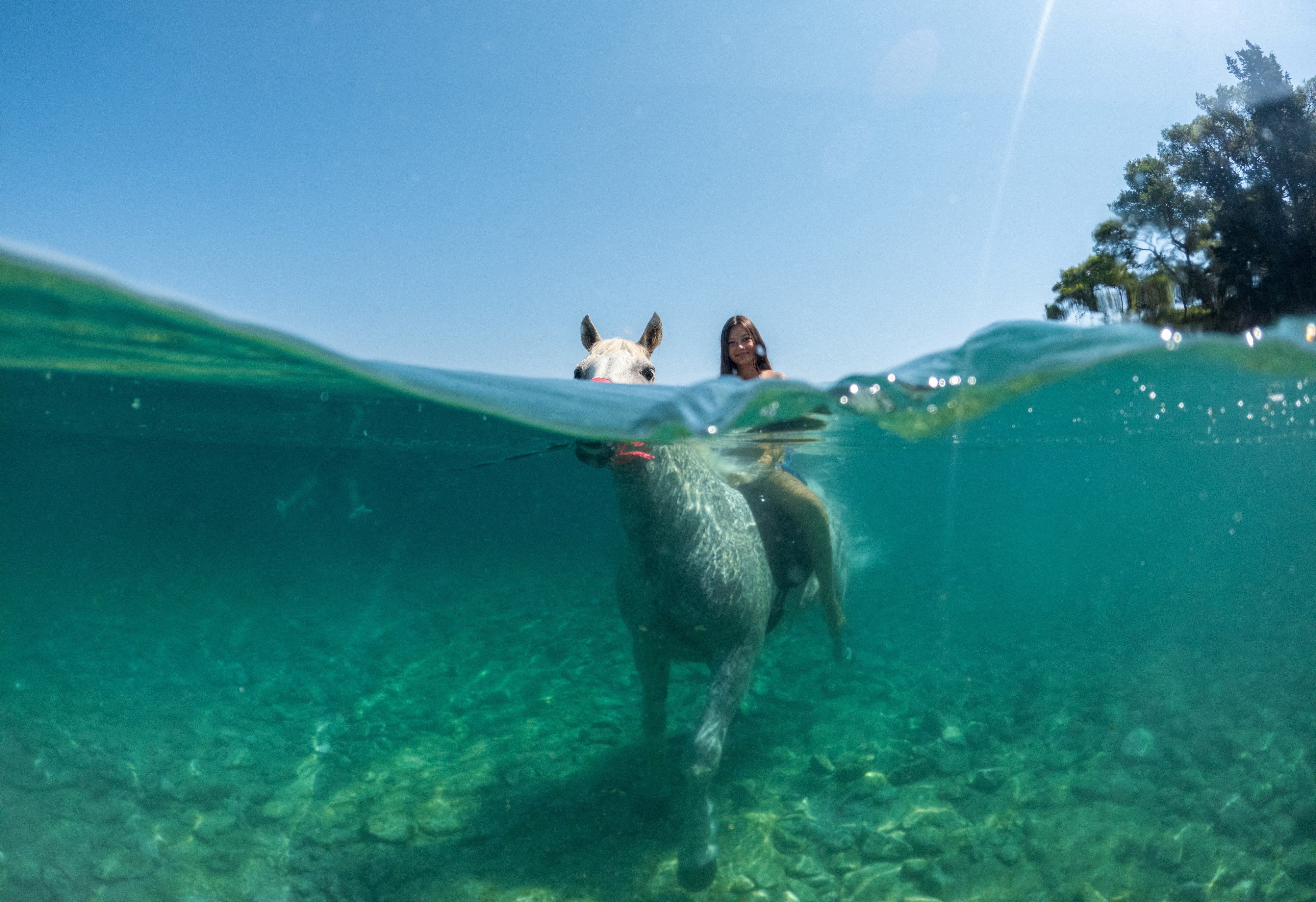 A girl rides a horse in the water, seen both above and under the water.