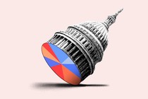 An illustration of the dome of the Capitol Building, whose base is a multicolored pie chart, meant to show what seat shares could look like in a multiparty democracy