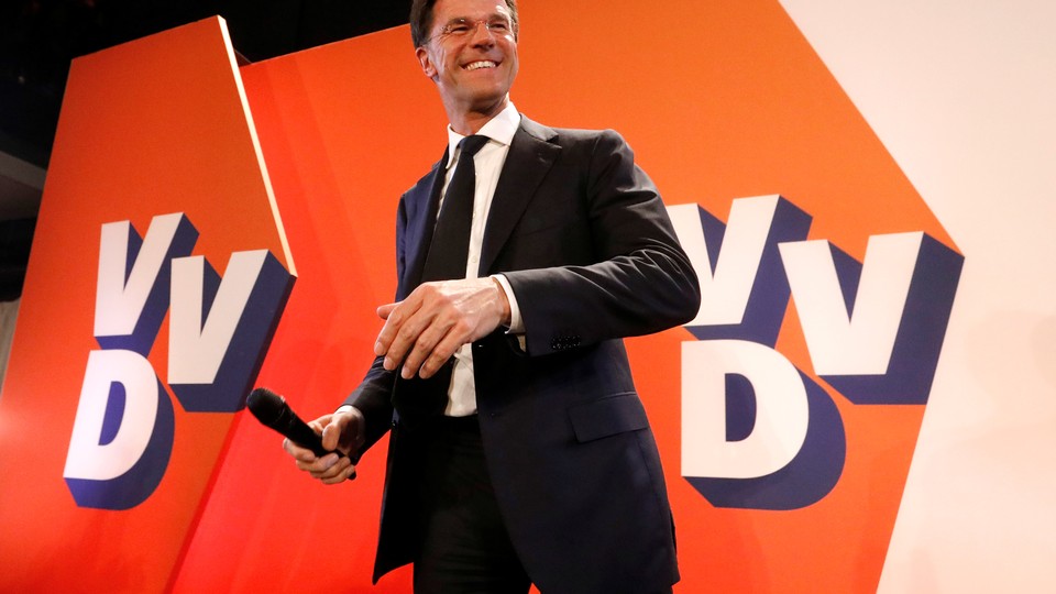 Dutch Prime Minister Mark Rutte appears before supporters in The Hague, Netherlands on March 15, 2017. 