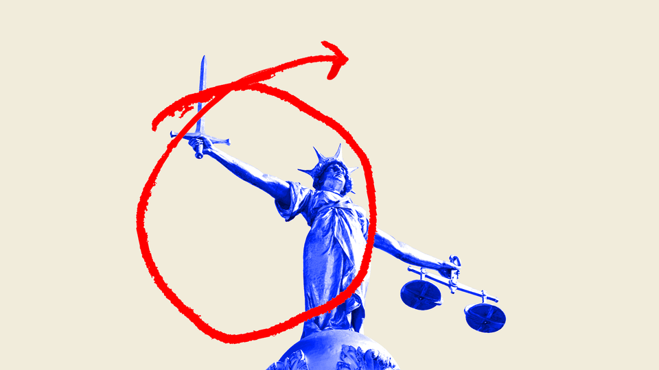 An illustration of Lady Justice with a sword that is circled in red ink