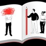 An illustration of a scrapbook: A man holding a giant red pencil stands next to a woman on one page. A man stands alone on the other page; his head is obscured by red scribbles.
