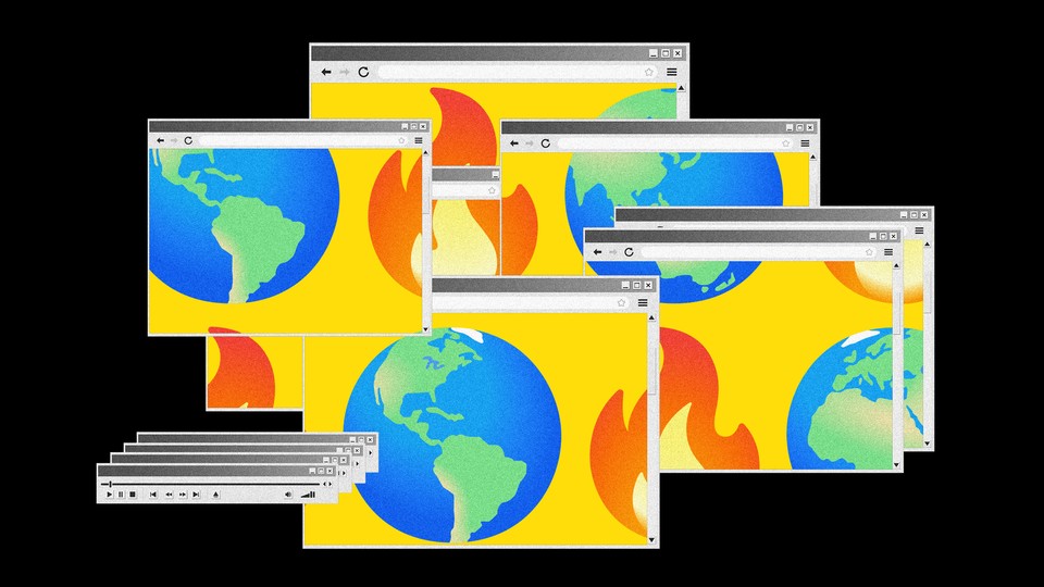 Many open computer windows with Earth and fire emojis