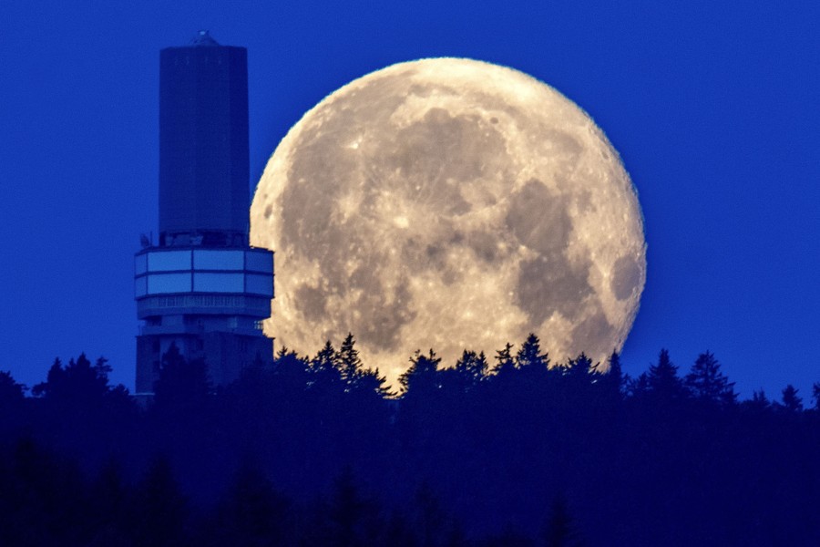 A telephoto view of the moon setting behind trees and a building