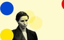 Rachael Denhollander is featured on a yellow background with five red, blue, and yellow circles spaced randomly around her