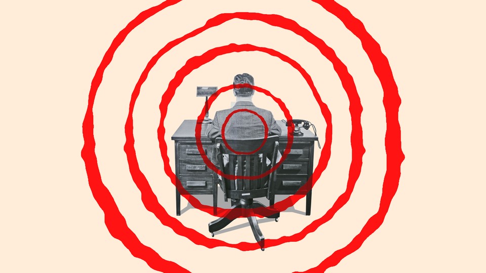 An illustration of a man working at his desk with a red spiral