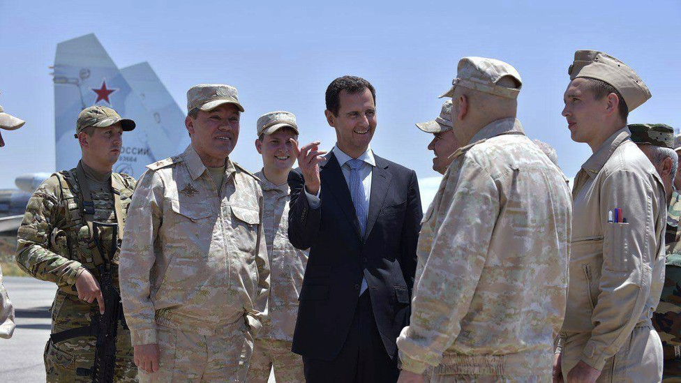 Syrian President Bashar al-Assad inspects the Russian Hmeimim air base in Latakia, Syria on June 27, 2017.