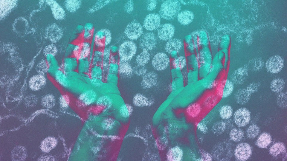 Illustration of two hands and virus molecules floating through the air.