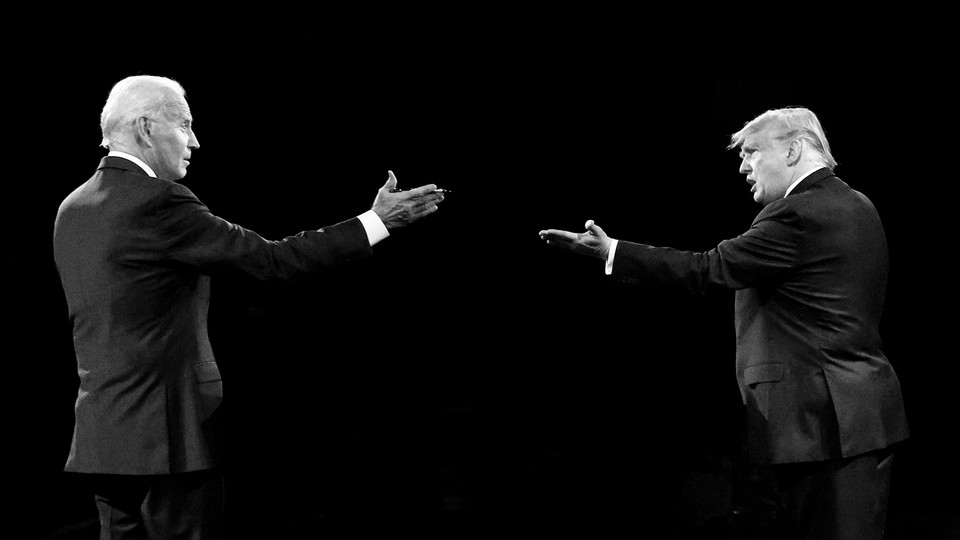 A photo of Biden and Trump gesturing toward each other in a TV debate.