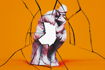 An illustration of Auguste Rodin's The Thinker sculpture, which appears cracked