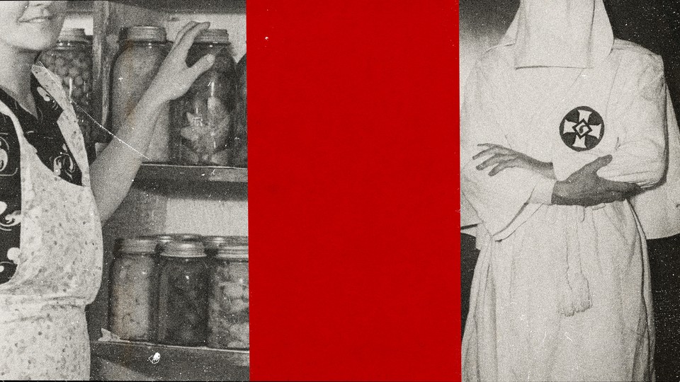 From left to right: Picture of a woman in front of shelf of jars, red vertical ribbon, a person wearing Klan outfit.