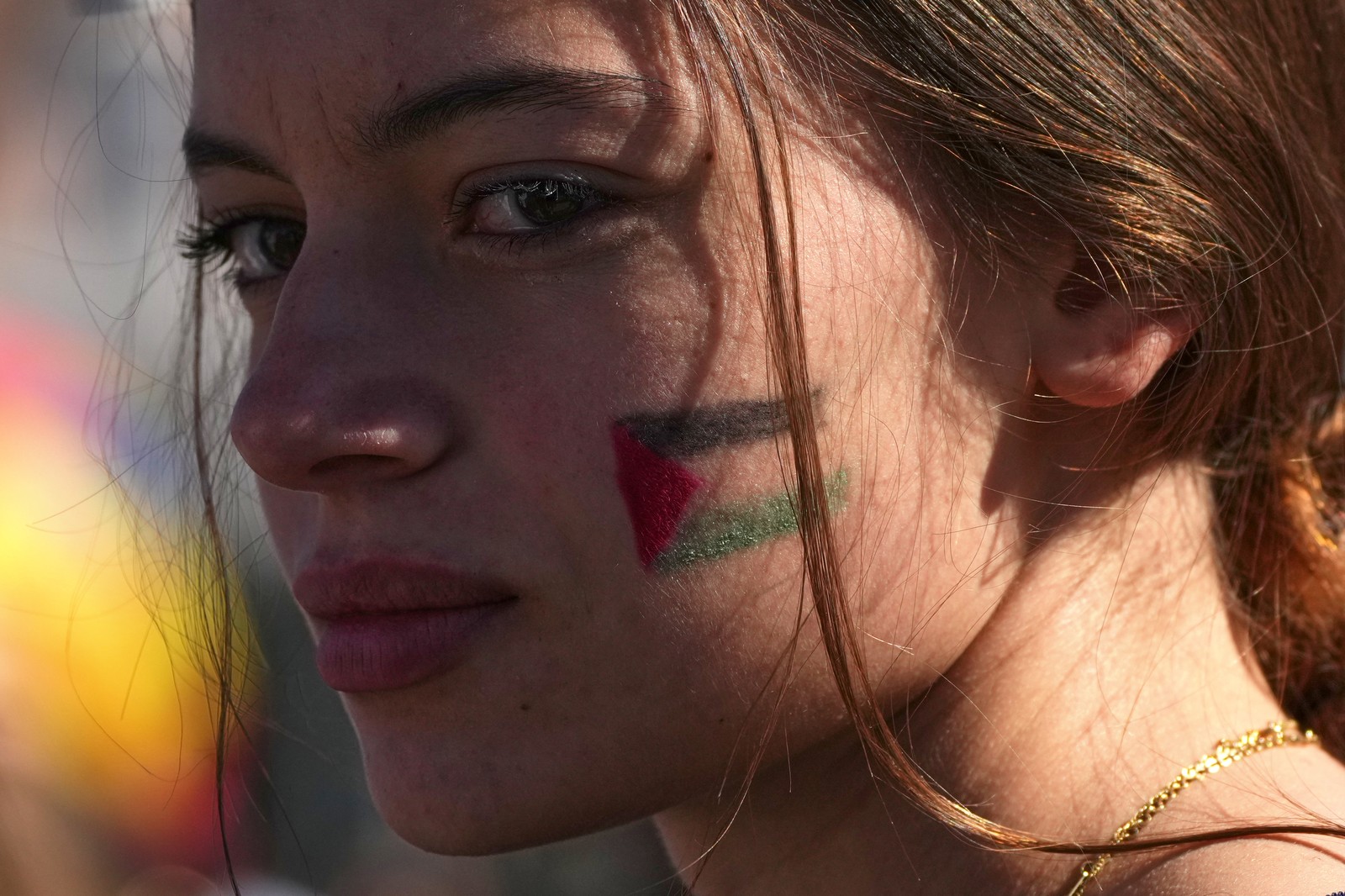 A close view of a demonstrator with a small Palestinian flag painted on their face