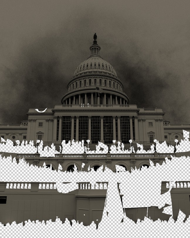 Black-and-white photo of the United States Capitol on January 6, with demonstrators blocked out in a white-and-gray-checkered pattern